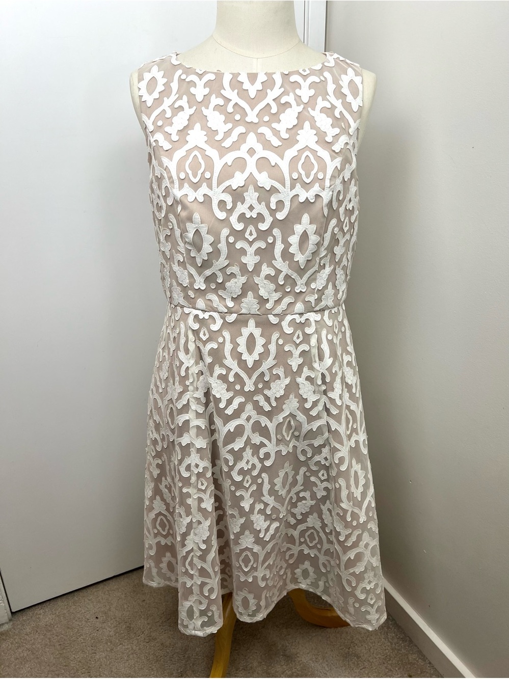 Adrianna Papell Soutache Lace Overlay Midi Dress 12 Beige/Cream Feminine Event